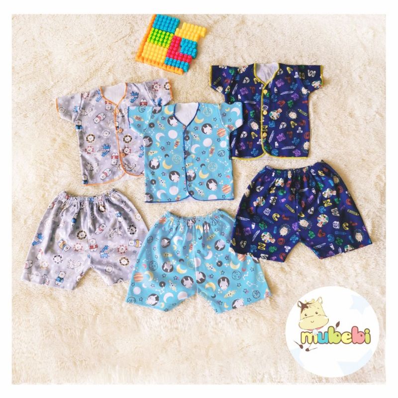 3 PCS  SETELAN MUBEBI PENDEK NEWBORN KANCING DEPAN PIYAMA BAJU TIDUR  BABY