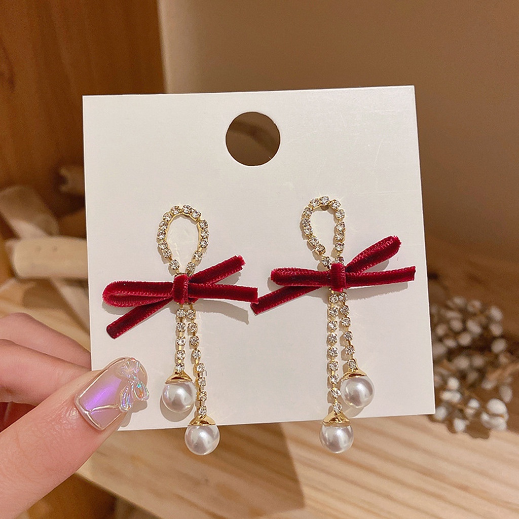 Hu Hu Hu Hu Hu Alat Bantu Pasang Kacamata♡ 1 Pasang Anting Tusuk Gantung Wanita Desain Pita Hias Mutiara + Berlian Imitasi Berkilau Untuk Kencan