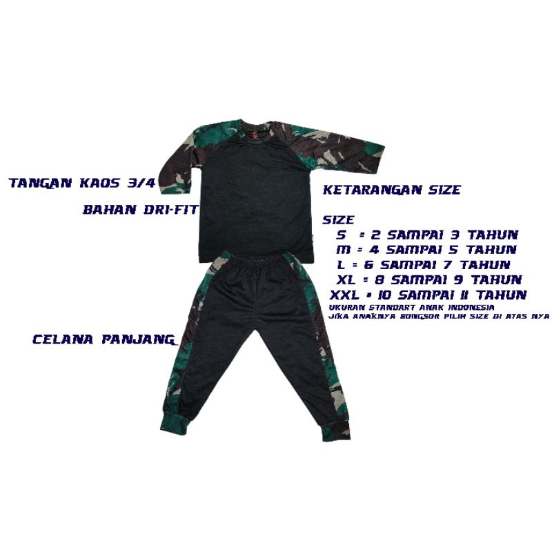 kaos anak stelan.bahan dri-fit kaos army tangan 3/4 dan celana panjang