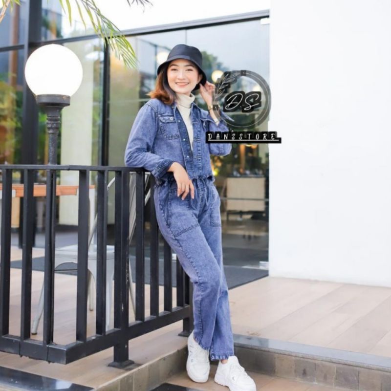 One Set Wanita Jeans Jaket Crop Wanita Setelan Jeans Cewe setelan jaket crop setelan jeans cewek kek
