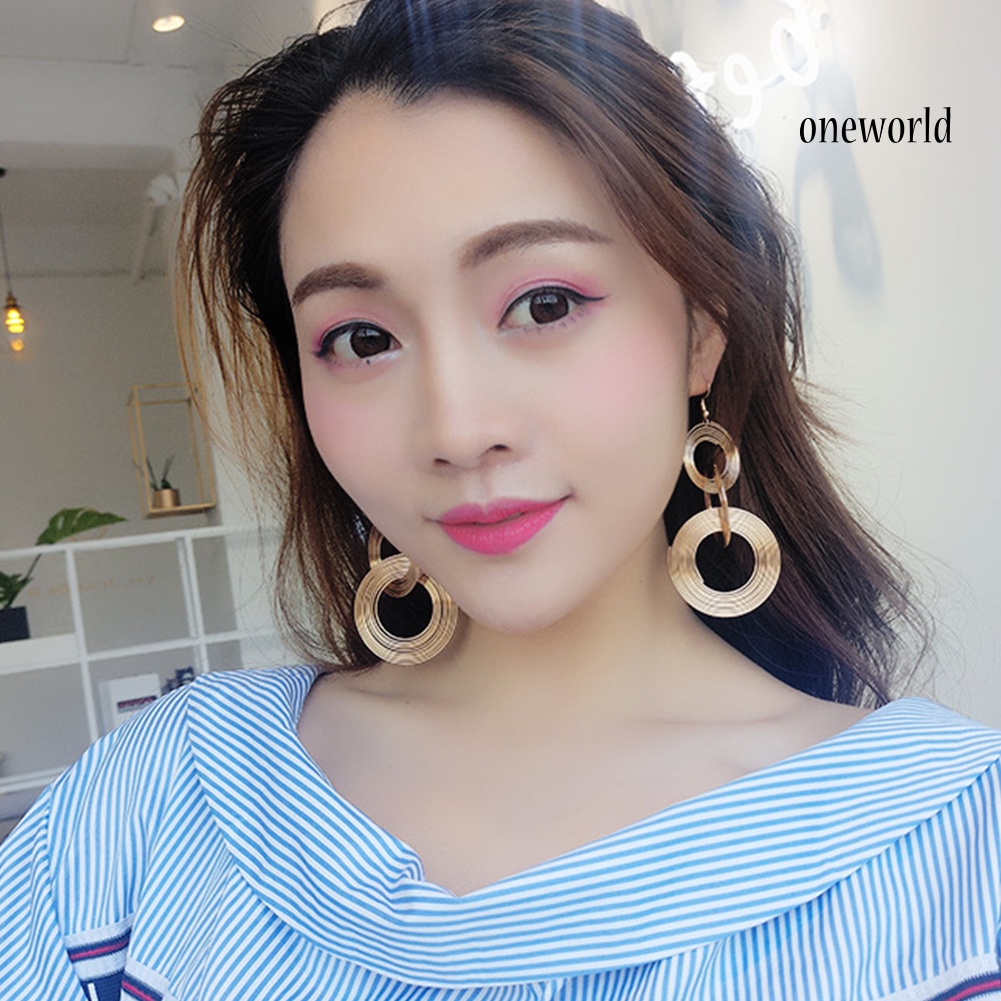 OW@ Vintage Multi Layers Alloy Large Circle Ear Drop Dangle Women Hook Earrings