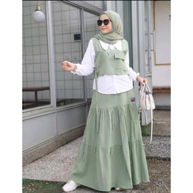 new set 3 in 1 rok gesper kemeja + vest by Nasywa // kemeja rok dan best best seller