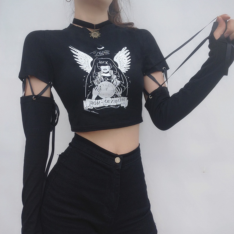 #Sisjuly# Gadis Punk Menyenangkan Dark Angel Cetak Jahitan Lengan Panjang T-shirt Wanita Pinggang Ti