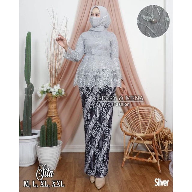 SET KEBAYA SITTA3/KEBAYA TULLE/KEBAYA MODRN/BAJU KEBAYA/KEBAYA PESTA/KEBAYA SUPER MEWAH/KEBAYA JUMBO-Silver