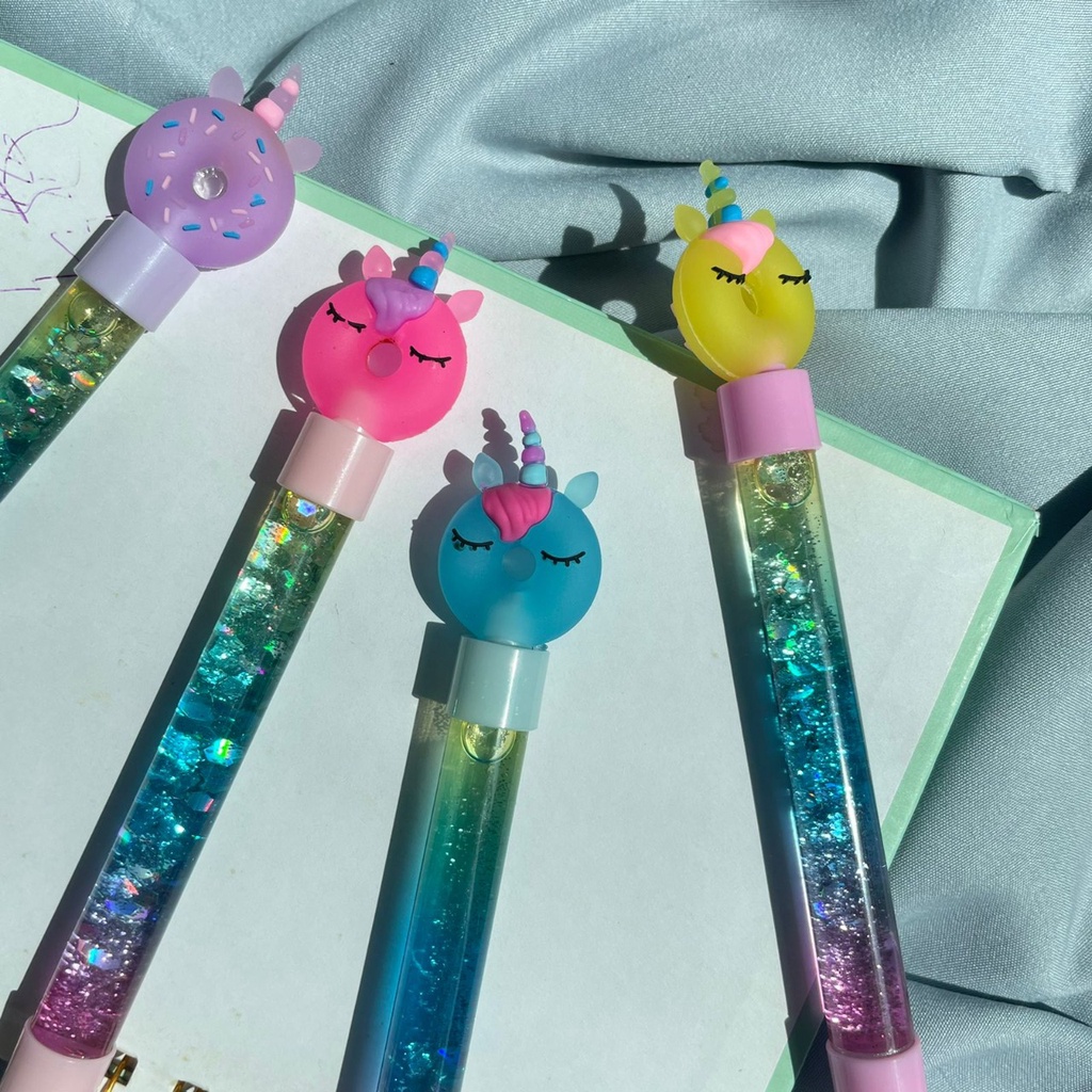 PULPEN GLITER DONUT UNICORN TANDUK IMUT LUCU WARNA WARNI BEST QUALITY PEN GLITER DONAT UNICORN CUTE READY 4 MODEL VARIANT KUALITAS TERBAIK