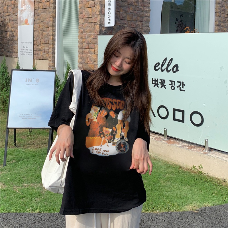 korean style Vintage Print T-shirt /atasan warna putih/kaos atasan wanita/Printed T-shirt