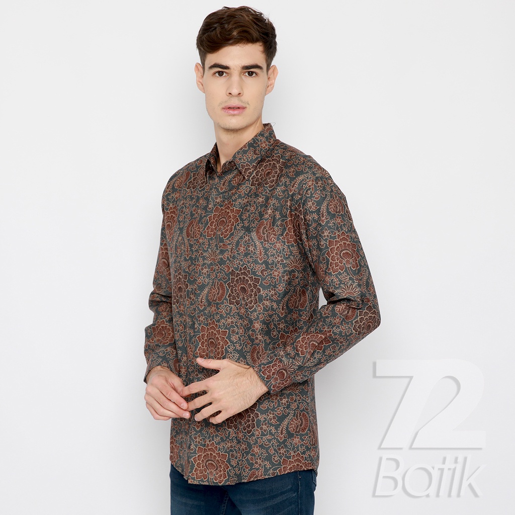 BATIK PRIA LENGAN PANJANG Kemeja Hem Slimfit Premium Motif Puspo Sari Warna Abu Grey 721027 CAP 72 - Baju Kemeja Atasan Pakaian Setelan Batik Pria Cowok Laki Laki Remaja Keluarga Kantor Lengan Panjang Modern Slimfit Slim Fit Premium Kekinian