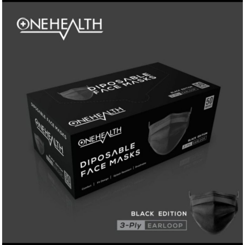 Masker 3 Ply Earloop OneHealth Black Edition Per Box isi 50pcs