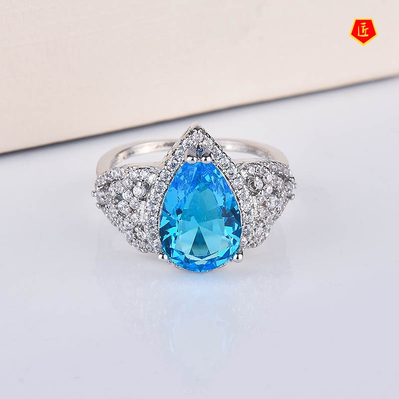 [Ready Stock]Micro-Inlaid Diamond Blue Gem Ring