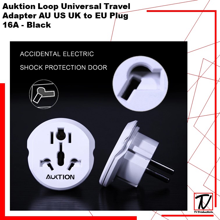 Auktion Loop Universal Travel Adapter AU US UK to EU Plug 16A - Black