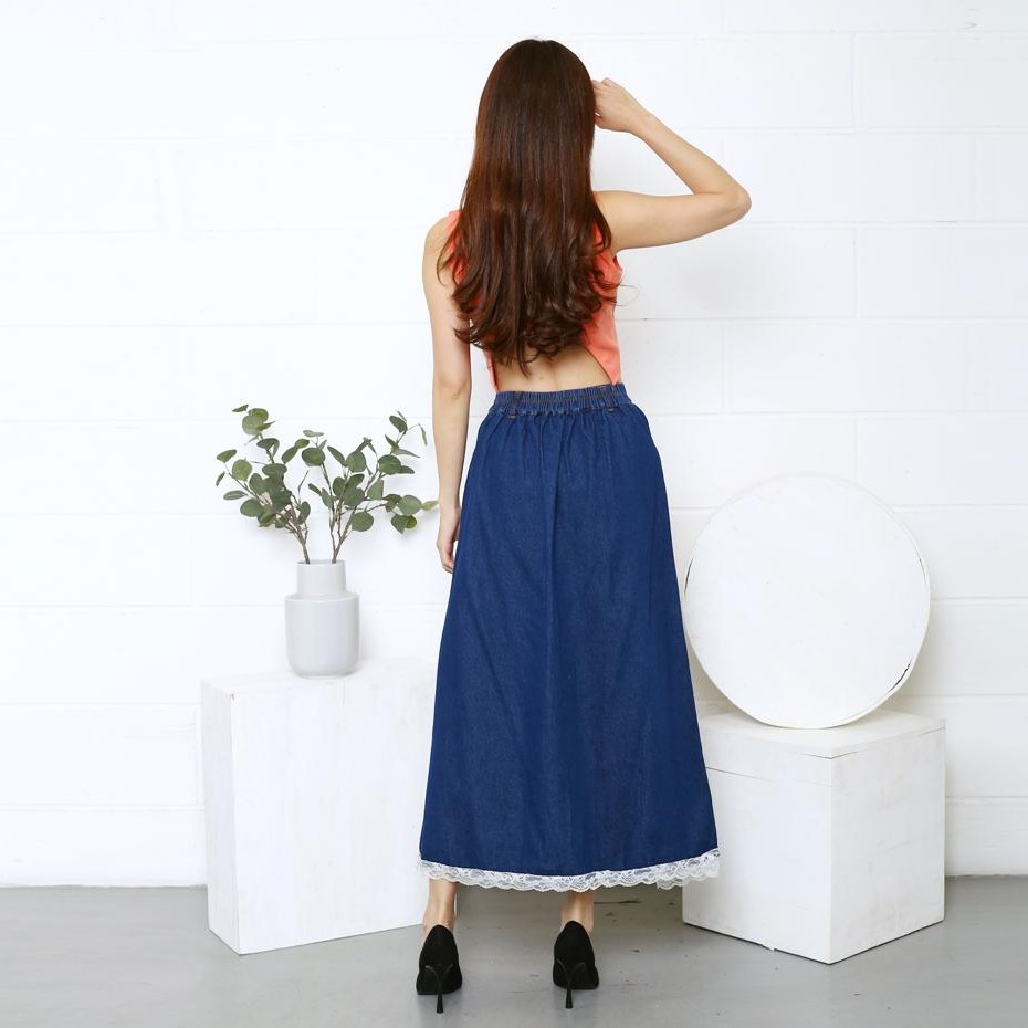 HOPYLOVY - Rok Jeans Panjang Rok Jeans Wanita Kancing Button Up Daniza Bawah Renda