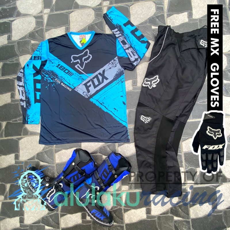 Jersey, Celana, Sarung Tangan &amp; Sepatu Fullprint with Protectors Fullset MX Trail Motocross - Paket Bundling FOCTFG180106-F41