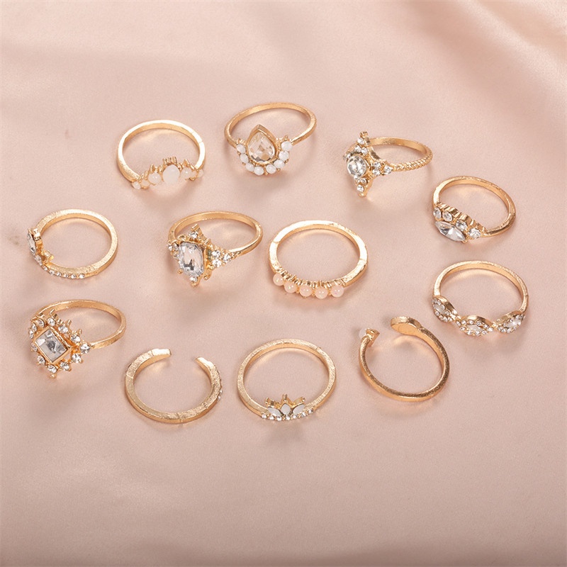 12pcs / Set Cincin Berlian Permata Besar Bentuk Tetesan Air Untuk Wanita