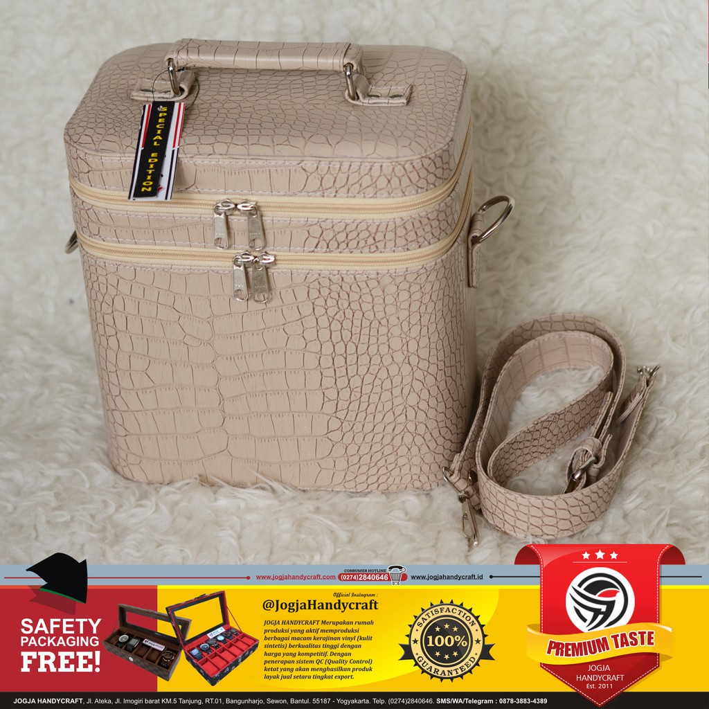 PREMIUM TAS KOSMETIK JUMBO + TALI PANJANG / BEAUTYCASE / BIG POUCH MAKEUP CROCO CREAM