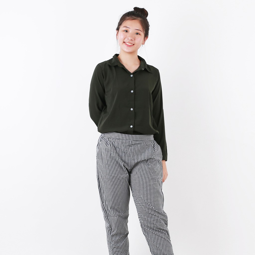 KEMEJA MONALISA POLOS WANITA PANJANG-YELONIX-HIJAU ARMY