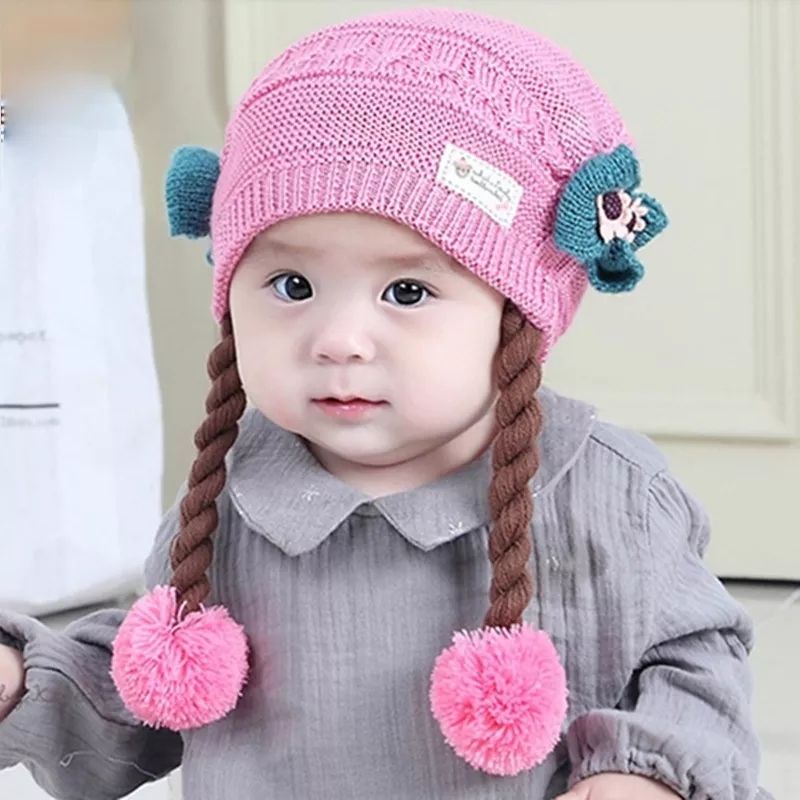 Topi Rajut Rambut Kepang Bayi Anak Lucu Dengan Pita