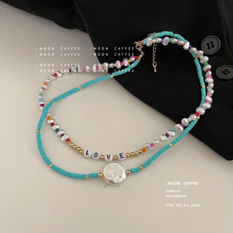 Kalung Rantai Double Layer Aksen Manik-Manik Warna Biru