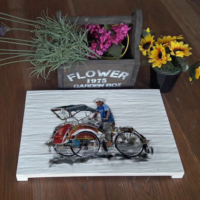 Hiasan Dinding Poster Kayu Rustic Artistic18 Becak Water Paint Art&hd1579