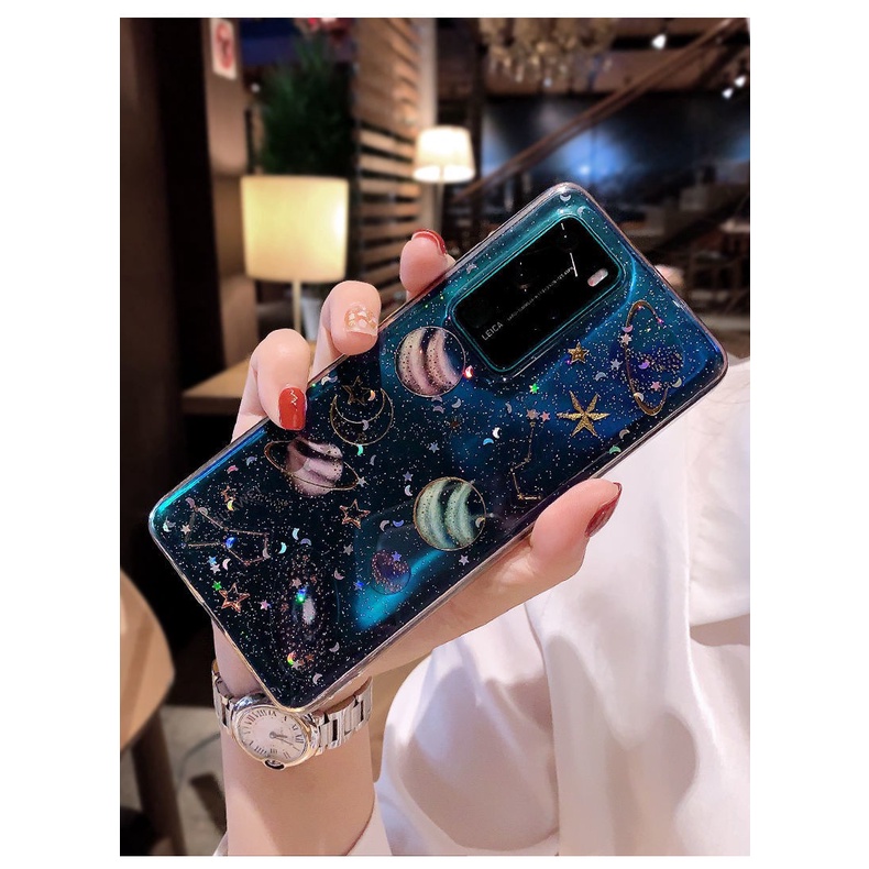 Case Motif planet universe Aksen Glitter Untuk iPhone yptr