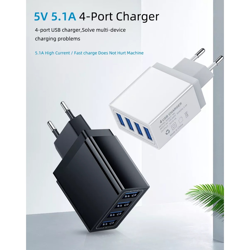 Adaptor Pengisi Daya Ponsel Universal 4 Port USB Travel Charger 5V 5.1A Smart SmartPhone USB Batok Kepala Pengisi Daya Cepat Smart Charger Plus kabel Micro