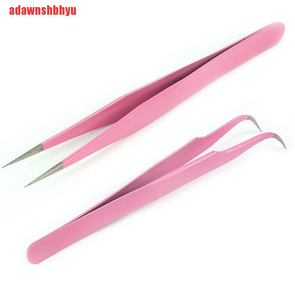 2pcs Pinset Lurus Dan Bengkok Bahan Baja Warna Pink Untuk Ekstensi Bulu Mata