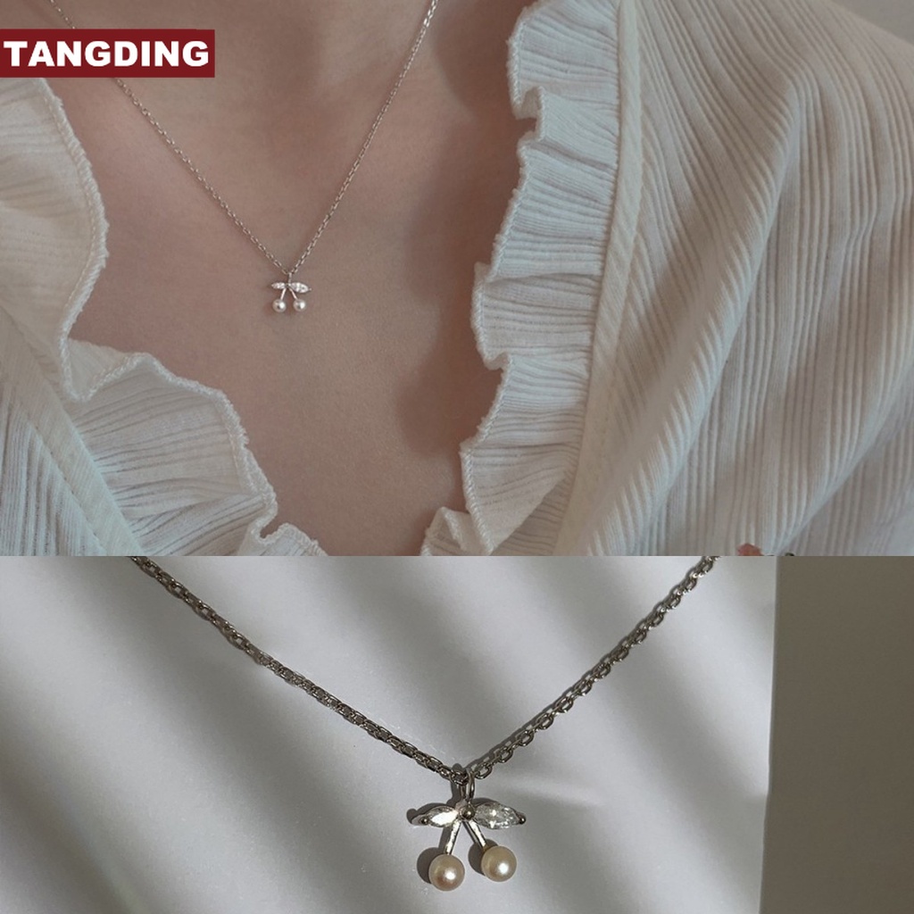 【COD Tangding】Kalung Rantai Klavikula Desain Cherry Aksen Mutiara Untuk Wanita