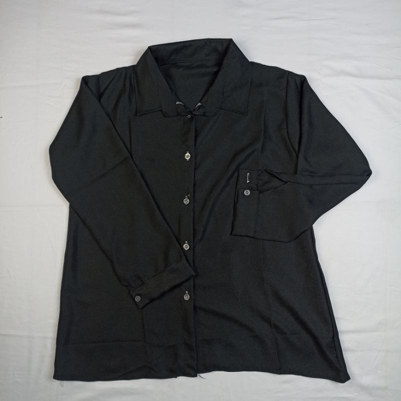 Kemeja Wanita Basic Polos Putih Hitam Atasan Blouse Casual Lengan Panjang Hem Kerja Kantor Formal Bahan Moscrepe-Hitam