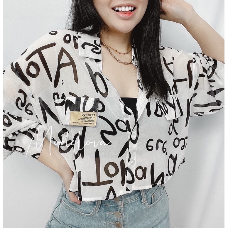 MDLV ~ 22662# Lennox Crop Shirt kemeja Chiffon Alfabet Kemeja Crop Lengan Panjang Kemeja Korea Fashion Import