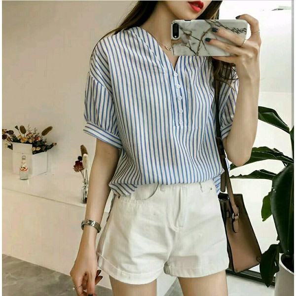 sq Vistrip yin Cotton import kemeja lengan tangan pendek stripe garis salur wanita murah cewek gaul