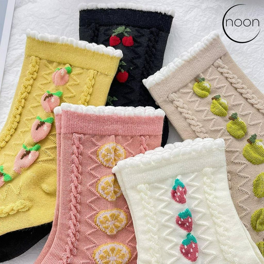 NOON (Provence Alley) Kaos Kaki Wanita Dewasa Korea Vintage Retro Gothic Old school Kerja Sekolah Kantor Dewasa Motif Buah Lucu Imut Katun Import Impor Pendek Atas Mata Kaus Kaki Hitam Cream