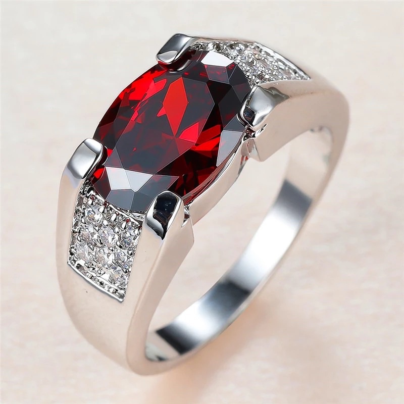 Cincin Batu Permata Rubi Merah Red Garnet Cubic Zirconia Ring Perak Minimalis Mewah Elegan