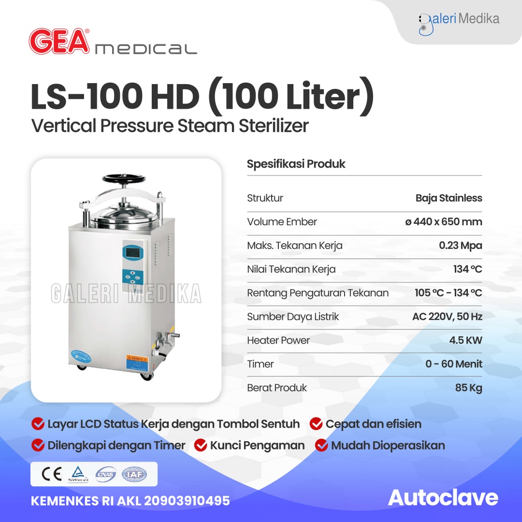 Autoclave 100 Liter GEA LS-100HD LCD Display Dengan Timer