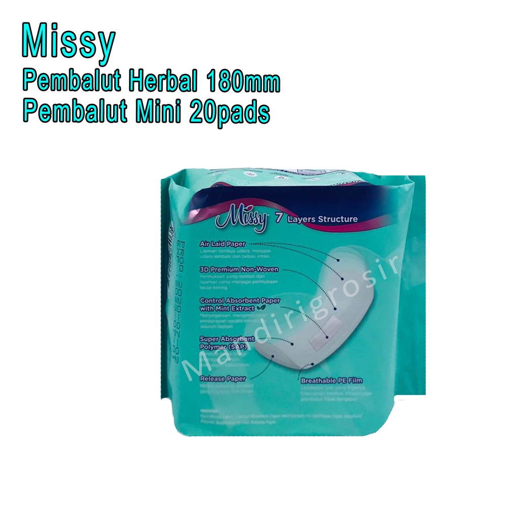 Pembalut Herbal Non Wing * Missy * Pembalut Mini 180mm * 20pads