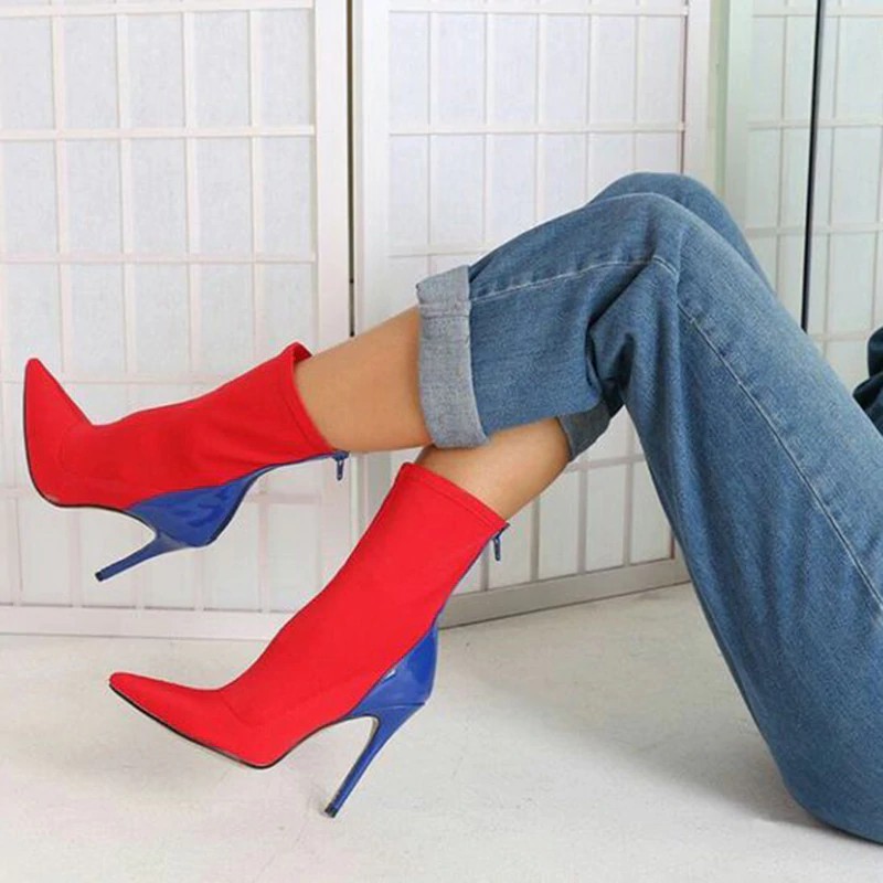 2019 Fashion Luxury Women 11.5cm High Heels Fetish Silk Sock Boots Stretch Heels Blue Ankle Boots