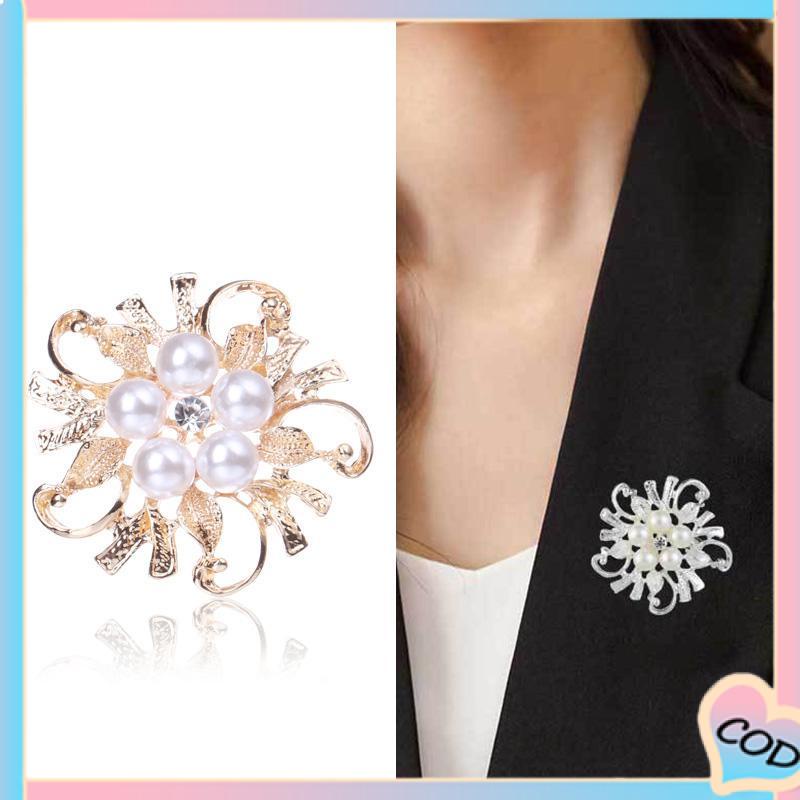 COD❤️ Pakaian All-Match High-end Pearl Fashion Floral Alloy Bros Kepingan Salju Berlapis Perak-A.one