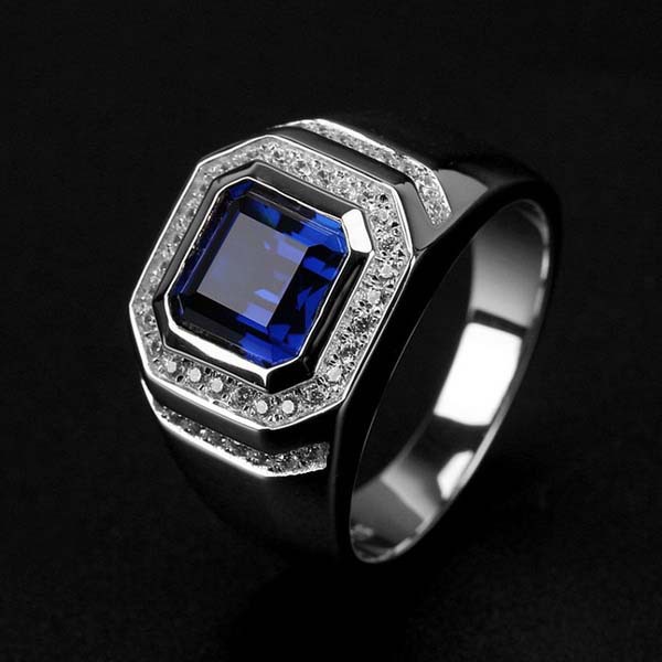 Cincin Perak Mewah Fashion Pria Cincin Tunangan Batu Permata Biru