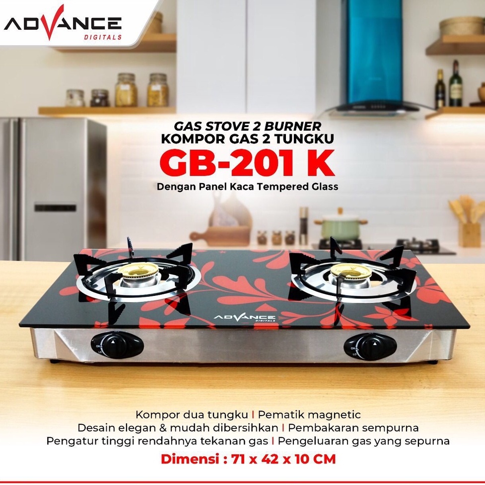 Kompor LPG / Gas Kaca 2 tungku Advance GB 201K, dengan Tempered Glass