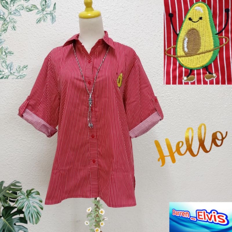 Kemeja Wanita Import / Salur Merah / Bordir Boneka Alpuket