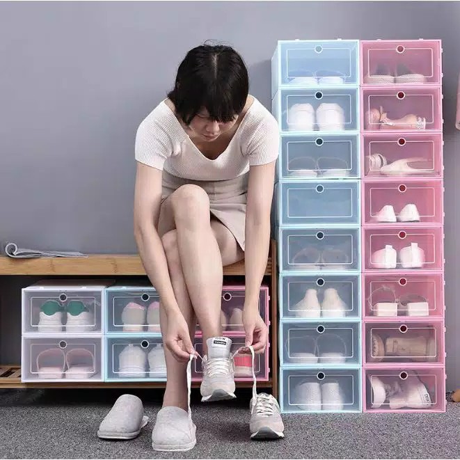 ZAYKA== Tempat Kotak Sepatu Lipat Transparan Tebal Shoes Storage Box Organizer Rak Sepatu Plastik Susun import