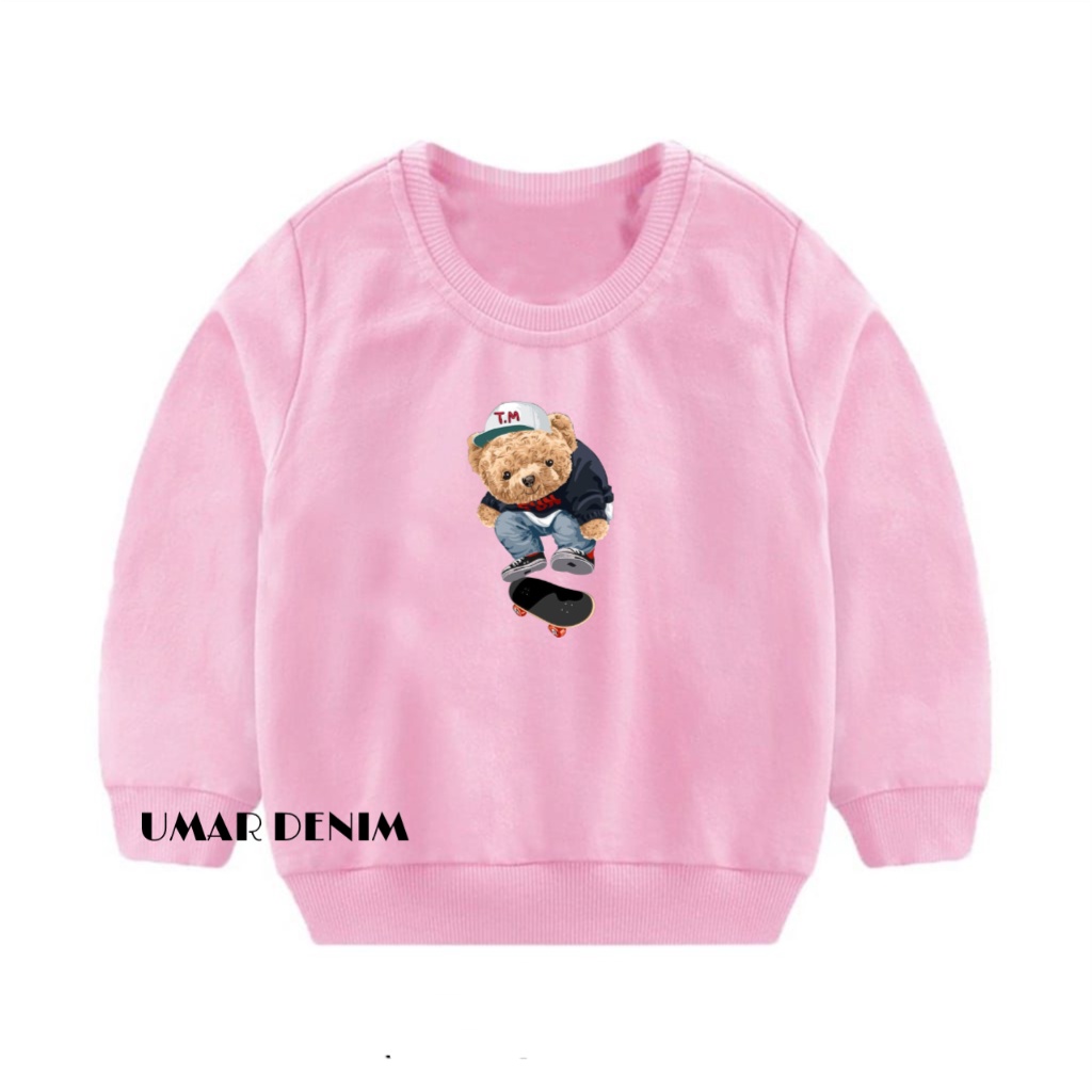 Sweater Crewneck Anak Balita Terbaru Motif T.M Skateboard Bear Bahan Fleece