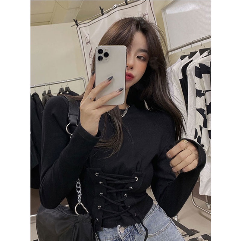 Suhao Musim Semi Baru Short Top Wanita Slim Fit Cross-Band Lengan Panjang T-Shirt Crop Layered Underwear