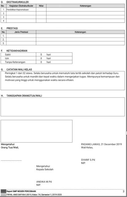 Catatan Wali Kelas Raport K13 Smp - Soal Essay