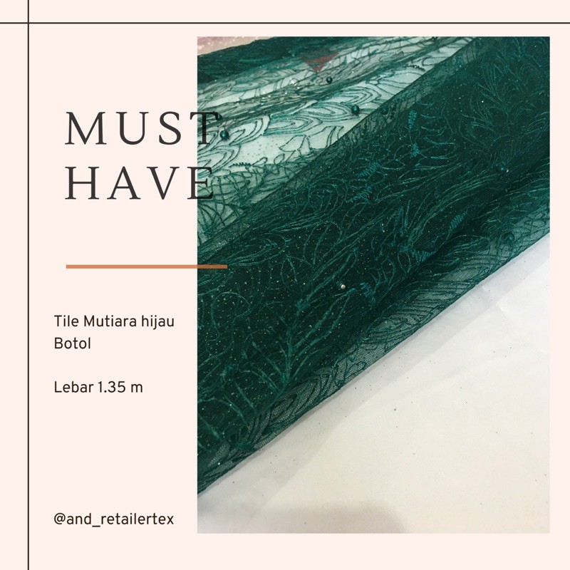 Kain Brokat Tile Mutiara motif Dedaunan warna Hijau Botol