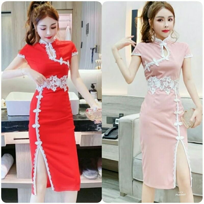 0984 Baju dress imlek cheongsam merah pink wanita import baju bodycon dress cheongsam Shanghai Qipao