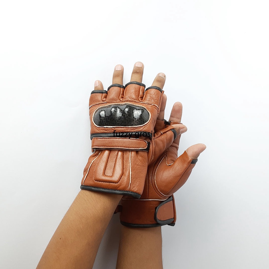 Sarung Tangan Motor Batok Spon Pendek Kulit Asli/Half Finger