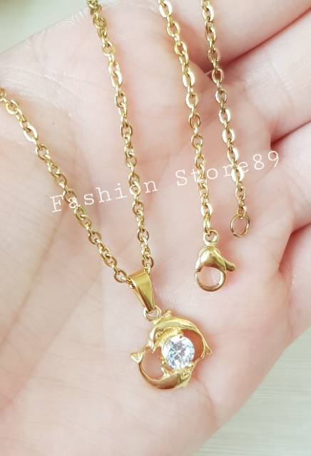 Kalung titanium gold fashion wanita motif double dolphin import antikarat DP1