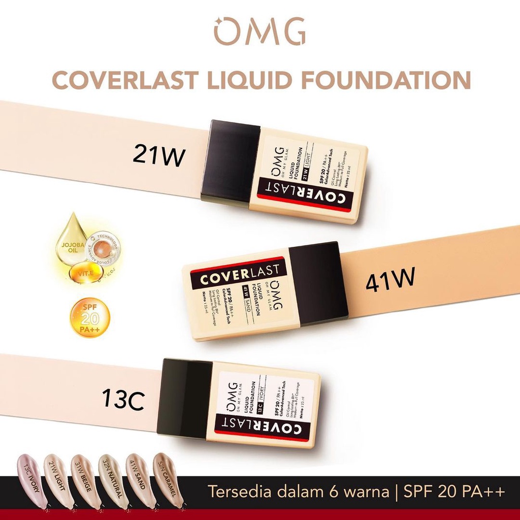 READY OMG CoverLast Liquid Foundation Alas Bedak | Oh My Glam | SPF 20 PA++ Oil Control Long Lasting 8H* | Medium to Full coverage