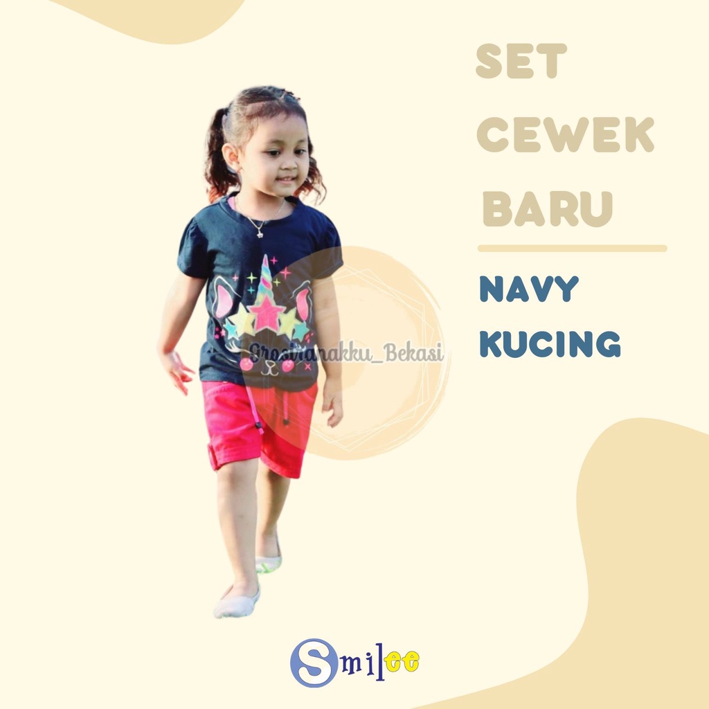 Setelan Anak Cewe Navy Kucing Pelangi Size 1,2,3thn Murah