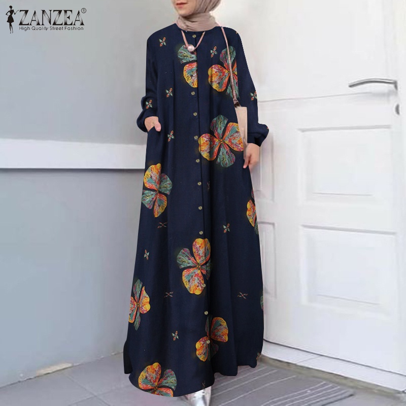 ZANZEA Women Printed Button Down Front Side Pockets Muslim Long Dress