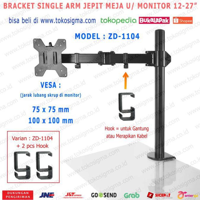 BRACKET STAND JEPIT MEJA ZD-1104 SINGLE ARM DESK MOUNT MONITOR 13-27" - ZD1104 + 2 Hook